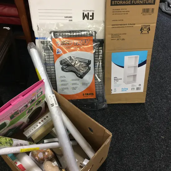 Box lot Cutting Mat, Posters Etc Mia Bookcase 3 Tier FP, Archive Boxes & Bic Tray