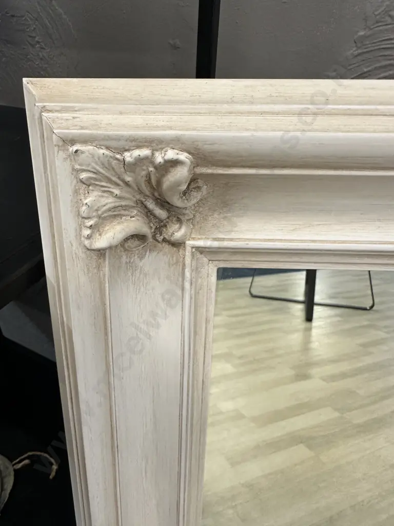 Antique Cream Framed Mirror With Ornate Leaf Detail. 107 x 76cm Image 1++
