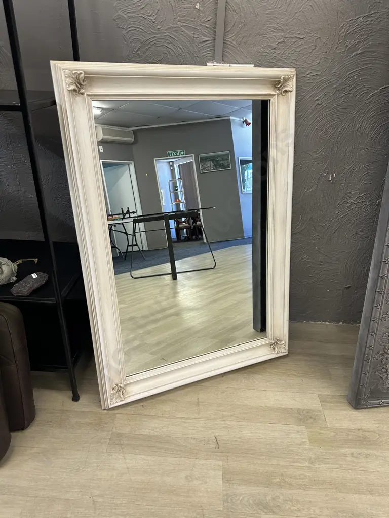Antique Cream Framed Mirror With Ornate Leaf Detail. 107 x 76cm Image 1++