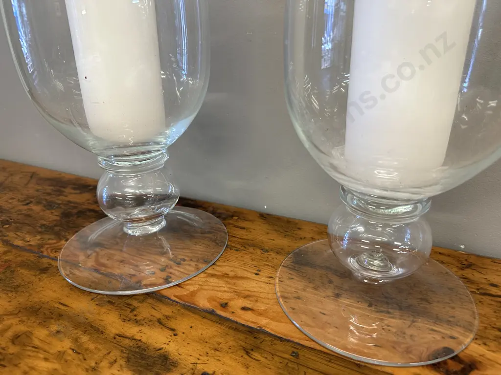 Pair of Tall Footed Hurricane Glass Candle Holders With White Candles. 45 x 26cm Image 1++