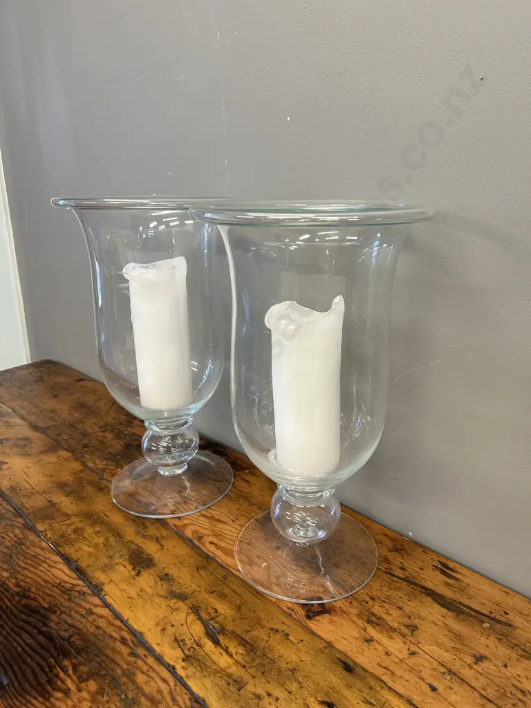 Pair of Tall Footed Hurricane Glass Candle Holders With White Candles. 45 x 26cm Image 1++