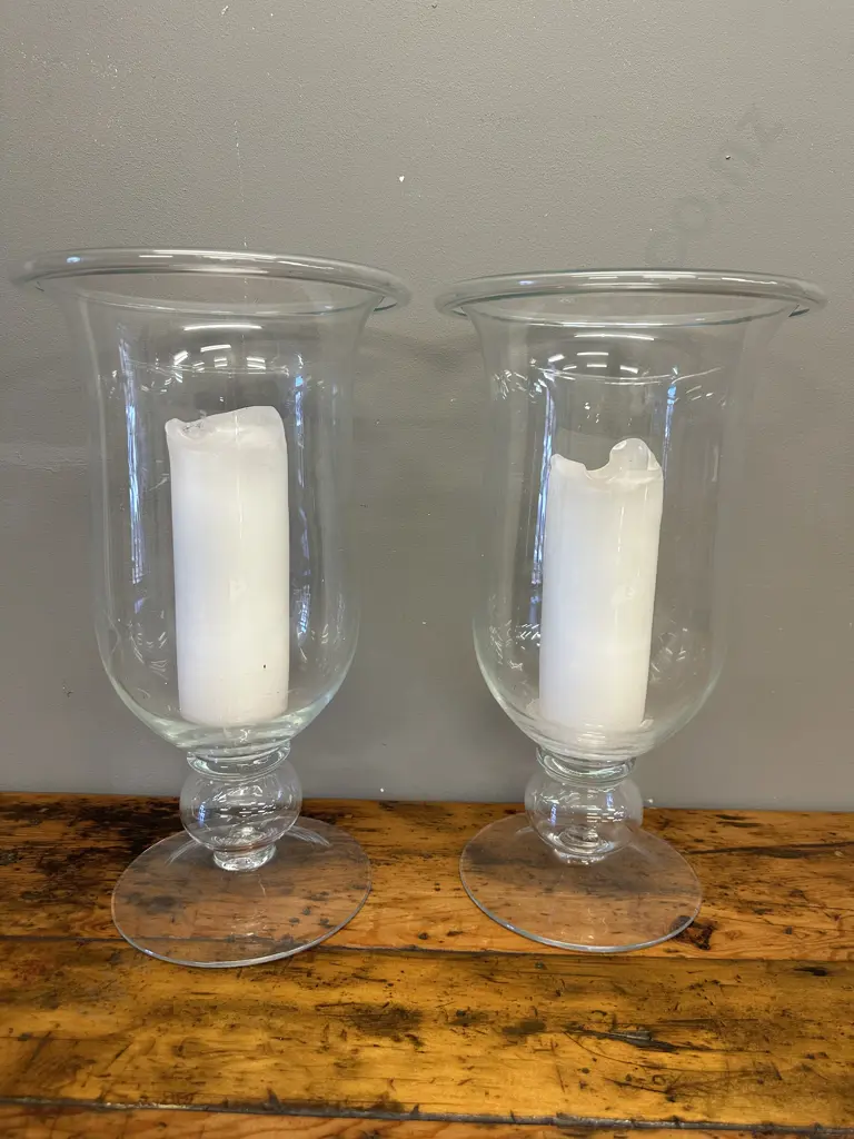 Pair of Tall Footed Hurricane Glass Candle Holders With White Candles. 45 x 26cm Image 1++