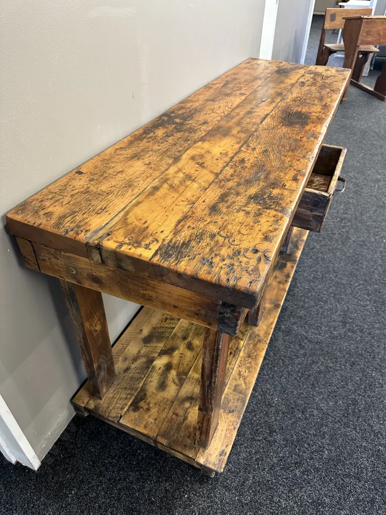 French Antique Rustic Repurposed Console Table, Ex Country Trader, Single Drawer & Curved Steel Handle. H85 W183 D56cm Image 1++