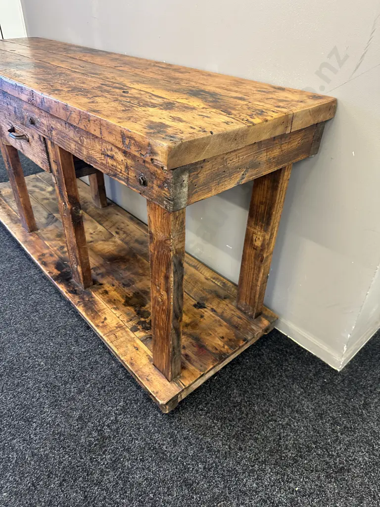 French Antique Rustic Repurposed Console Table, Ex Country Trader, Single Drawer & Curved Steel Handle. H85 W183 D56cm Image 1++