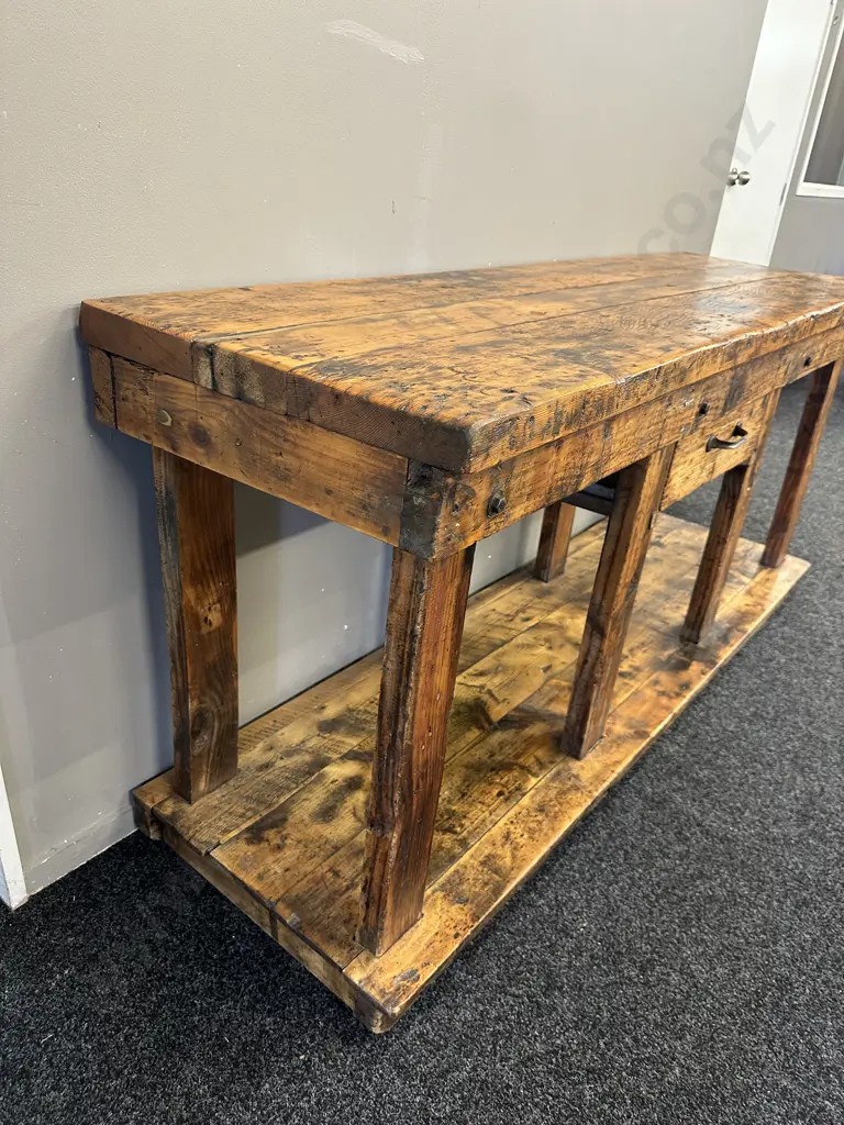 French Antique Rustic Repurposed Console Table, Ex Country Trader, Single Drawer & Curved Steel Handle. H85 W183 D56cm Image 1++