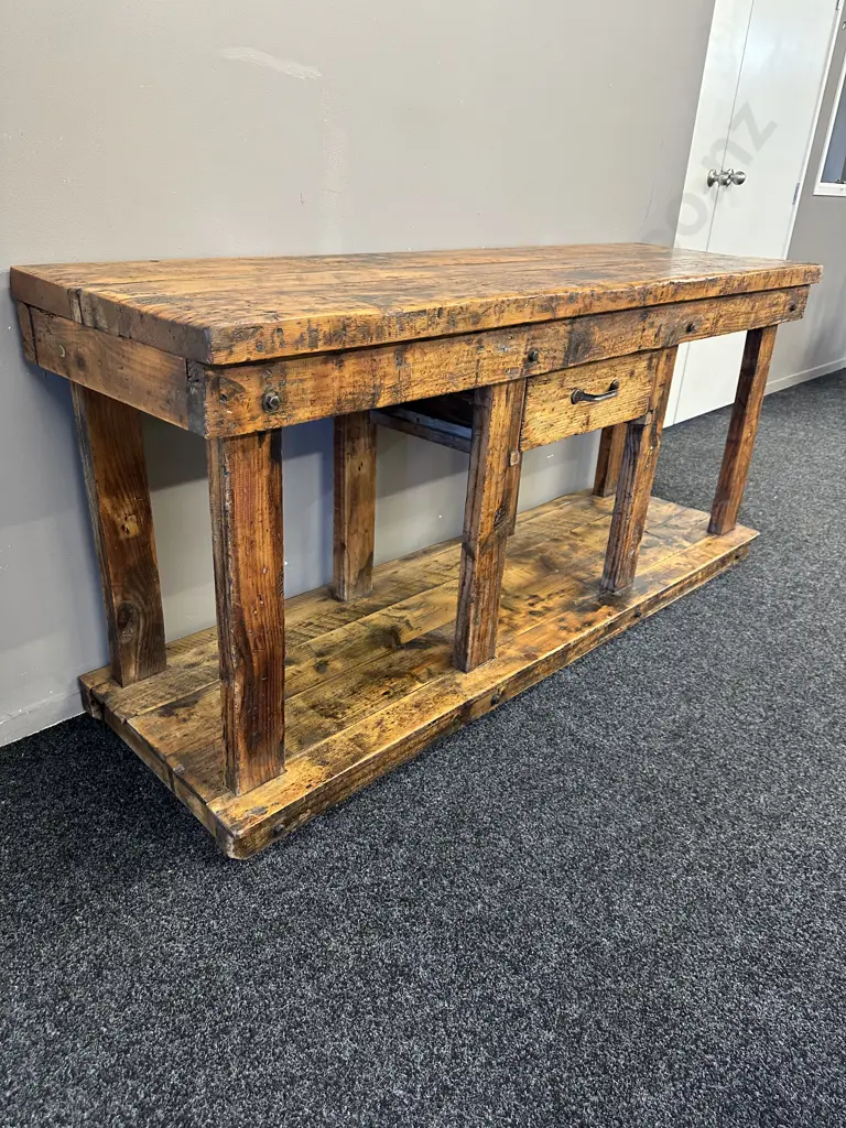 French Antique Rustic Repurposed Console Table, Ex Country Trader, Single Drawer & Curved Steel Handle. H85 W183 D56cm Image 1++