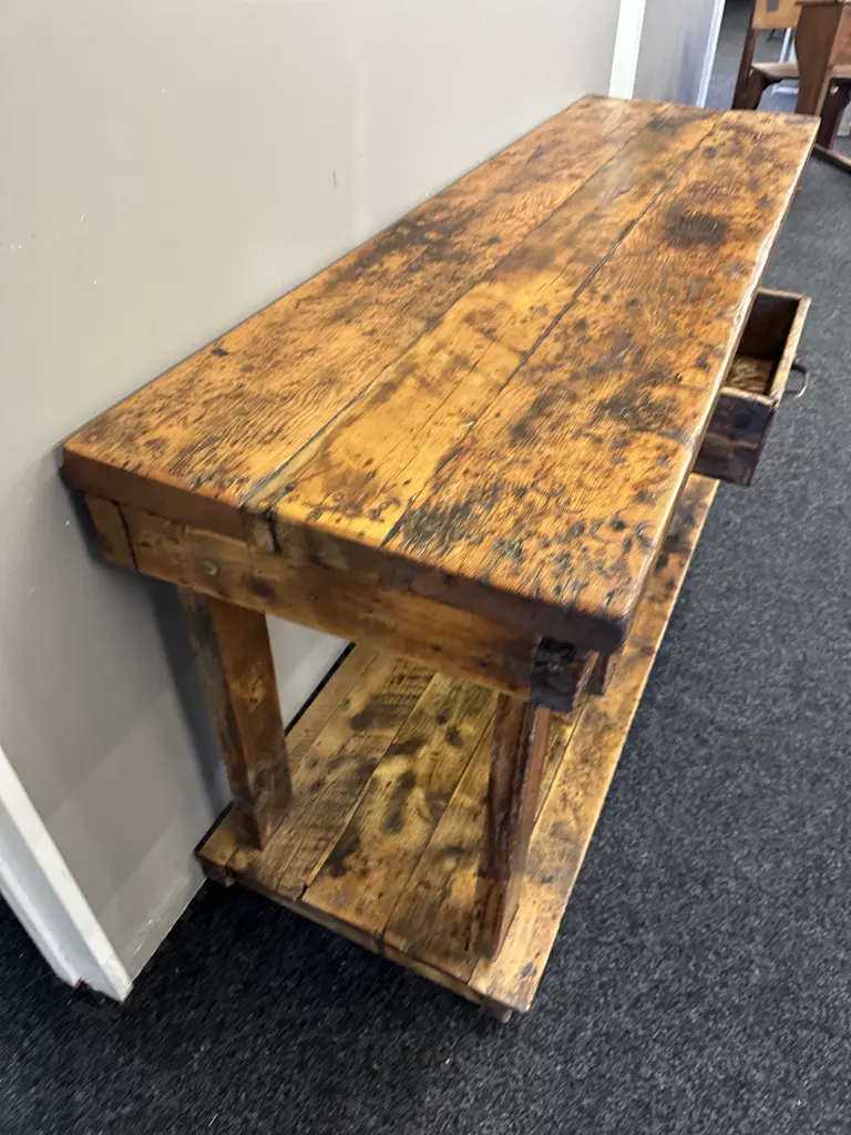 French Antique Rustic Repurposed Console Table, Ex Country Trader, Single Drawer & Curved Steel Handle. H85 W183 D56cm Image 1++