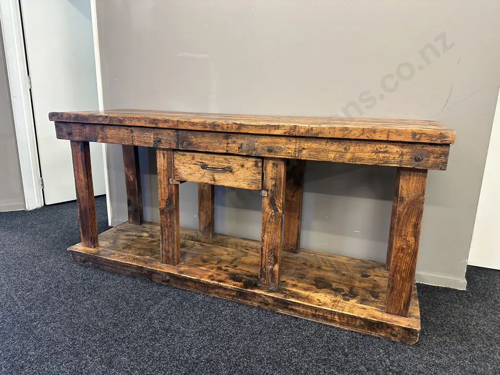 French Antique Rustic Repurposed Console Table, Ex Country Trader, Single Drawer & Curved Steel Handle. H85 W183 D56cm Image 1++