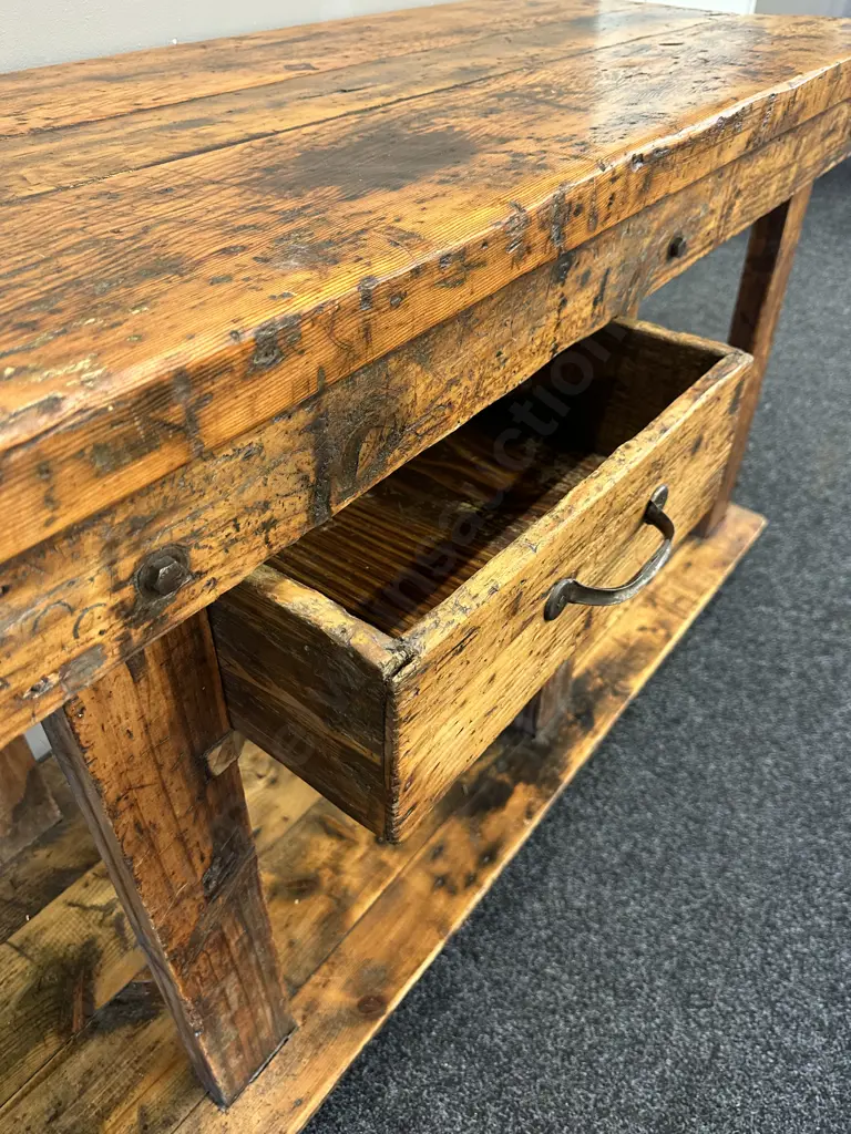 French Antique Rustic Repurposed Console Table, Ex Country Trader, Single Drawer & Curved Steel Handle. H85 W183 D56cm Image 1++
