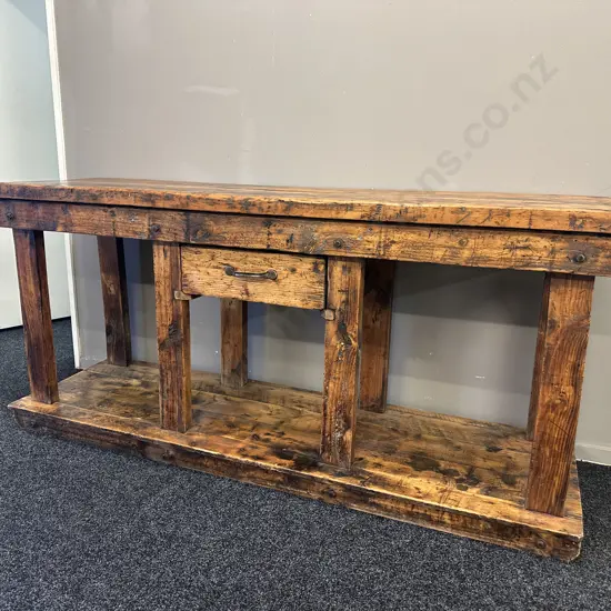 French Antique Rustic Repurposed Console Table, Ex Country Trader, Single Drawer & Curved Steel Handle. H85 W183 D56cm