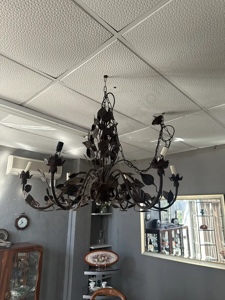 Antique c1895 Wrought Iron Chandelier 6 Bulb With Leaf Detail. 76 x 96cm (As Found Condition) Image 1++