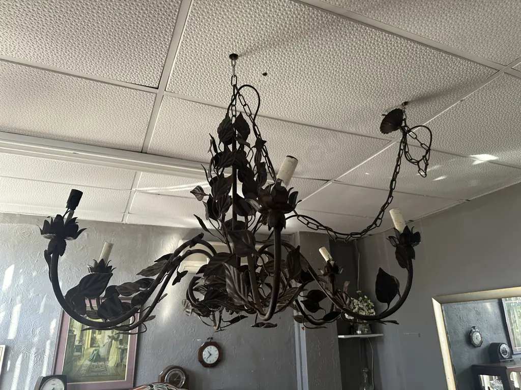 Antique c1895 Wrought Iron Chandelier 6 Bulb With Leaf Detail. 76 x 96cm (As Found Condition) Image 1++