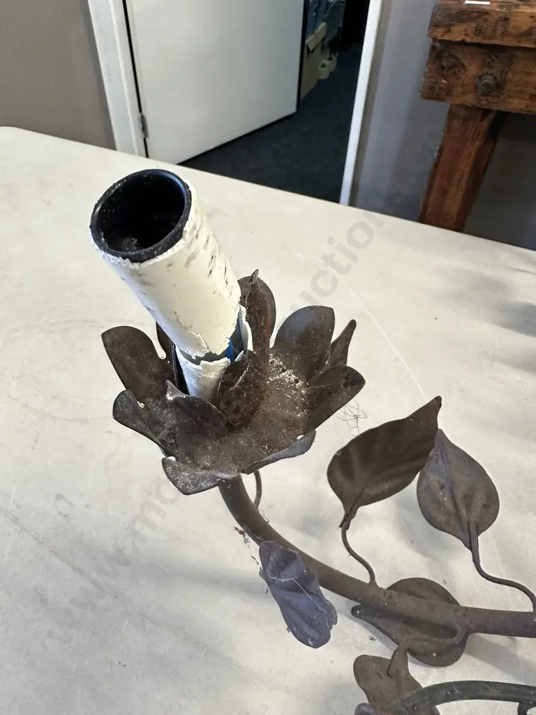 Antique c1895 Wrought Iron Chandelier 6 Bulb With Leaf Detail. 76 x 96cm (As Found Condition) Image 1++