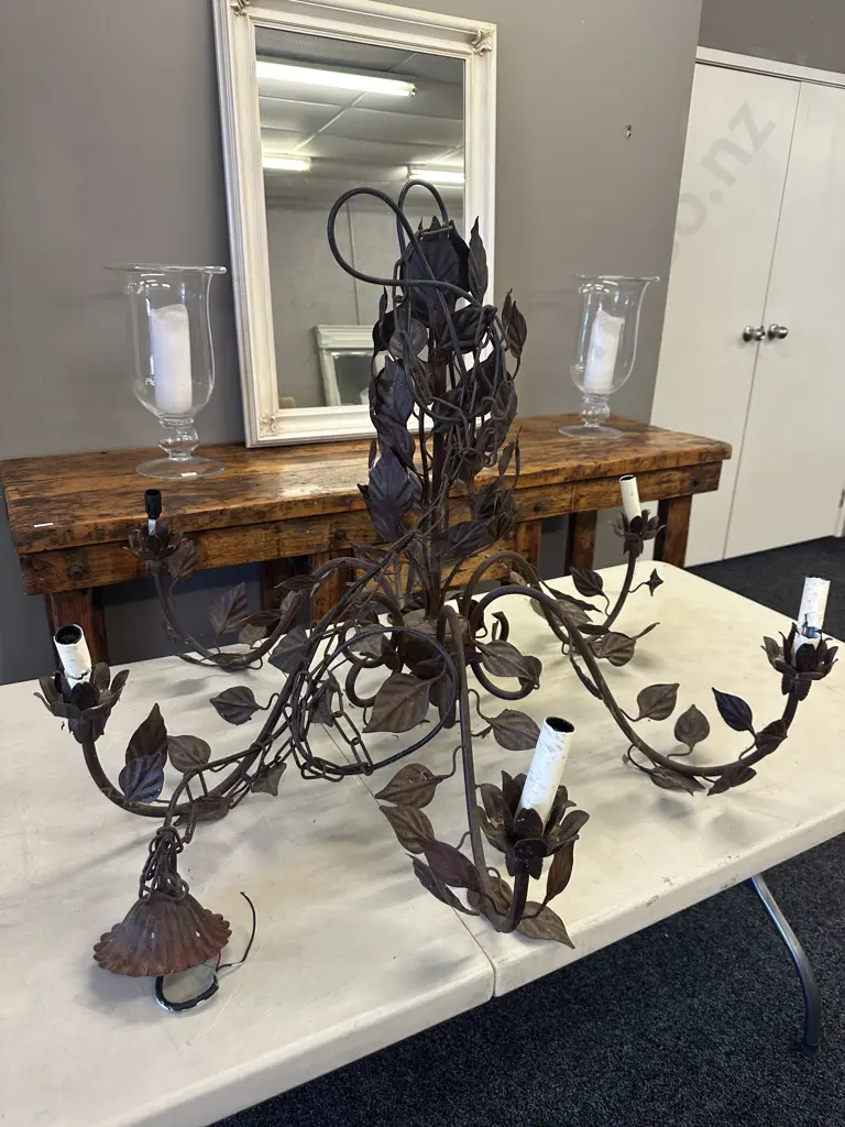 Antique c1895 Wrought Iron Chandelier 6 Bulb With Leaf Detail. 76 x 96cm (As Found Condition) Image 1++