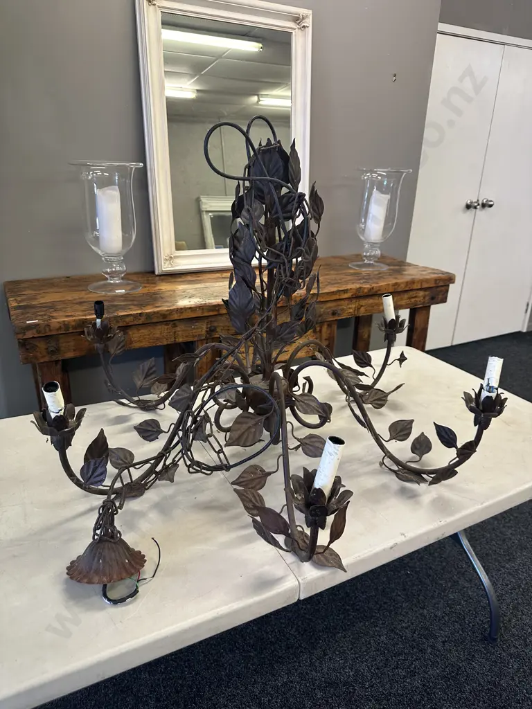 Antique c1895 Wrought Iron Chandelier 6 Bulb With Leaf Detail. 76 x 96cm (As Found Condition) Image 1++