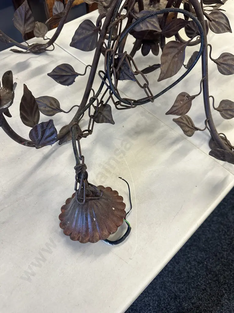 Antique c1895 Wrought Iron Chandelier 6 Bulb With Leaf Detail. 76 x 96cm (As Found Condition) Image 1++