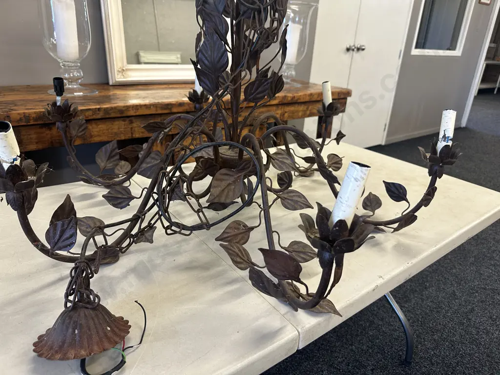 Antique c1895 Wrought Iron Chandelier 6 Bulb With Leaf Detail. 76 x 96cm (As Found Condition) Image 1++
