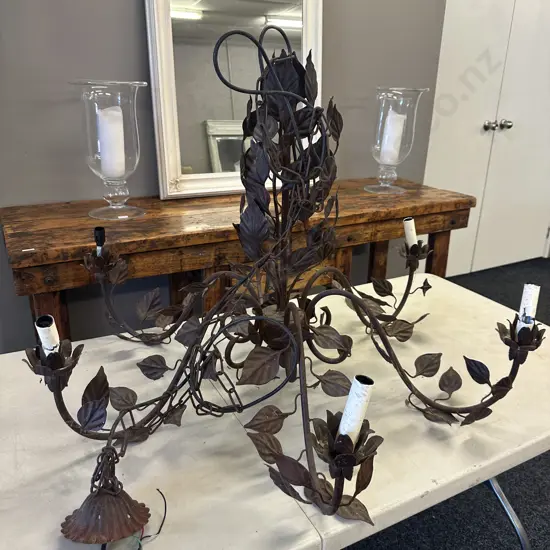 Antique c1895 Wrought Iron Chandelier 6 Bulb With Leaf Detail. 76 x 96cm (As Found Condition)