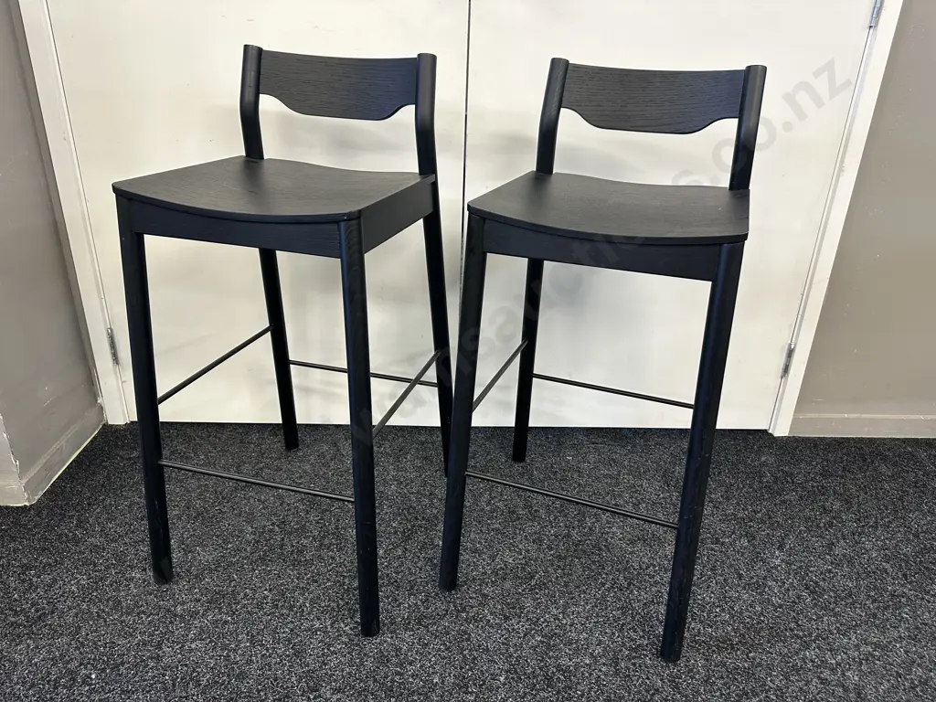 Pair of Simon James 'Tangerine Stool With Back' Bar Stools - Black Stained Oak Finish. H87cm Image 1++