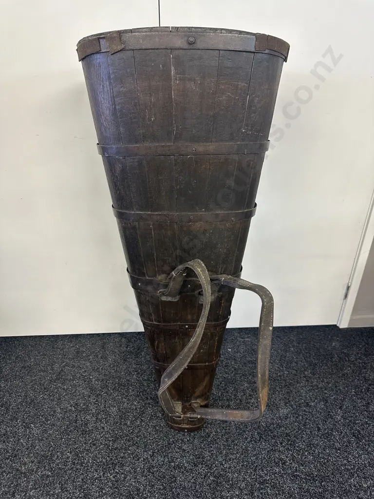 Antique Large French Wooden Grape Hotte (Harvest Basket) With Iron Banding & Leather Straps. 124cm Image 1++