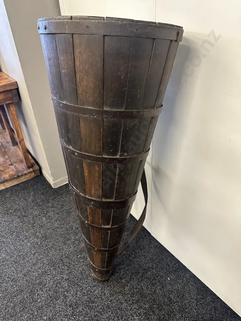 Antique Large French Wooden Grape Hotte (Harvest Basket) With Iron Banding & Leather Straps. 124cm Image 1++