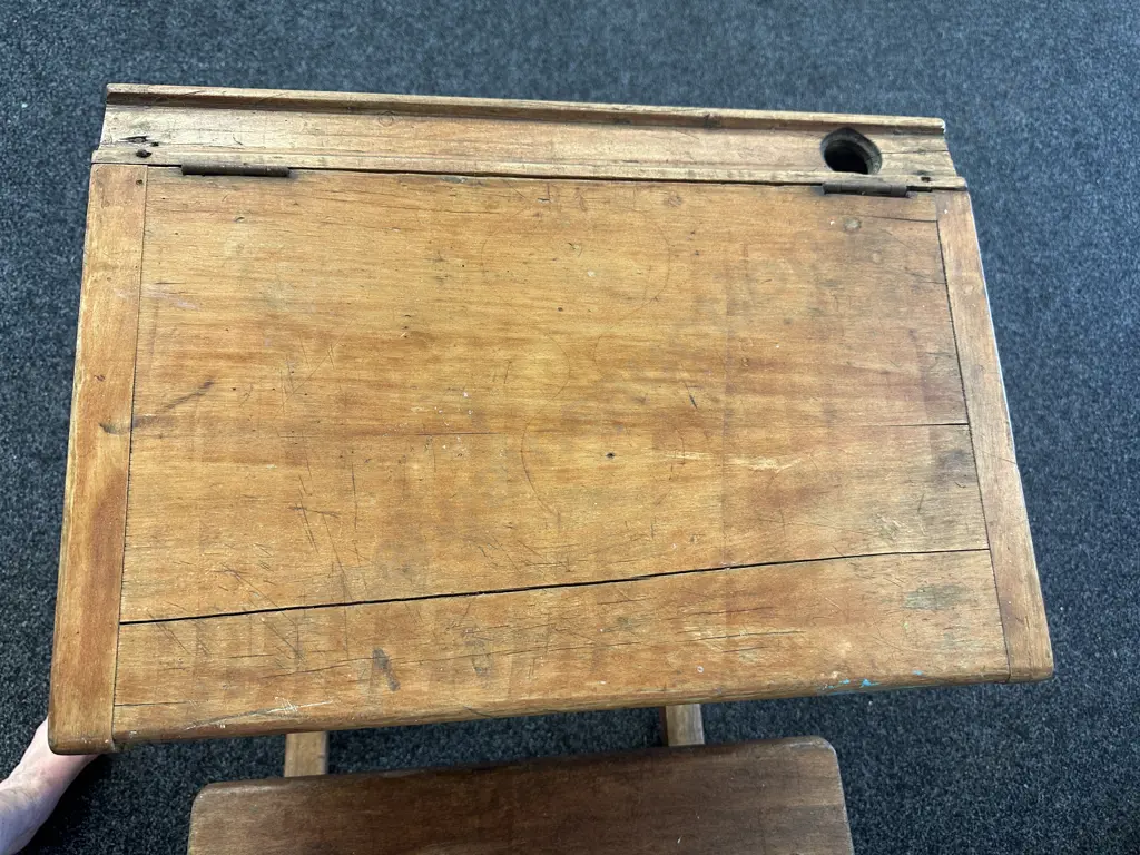 Colonial Wooden Lift Up School Writing Desk With Flip Up Bench Seat Chair. H86 W61 D86cm Image 1++