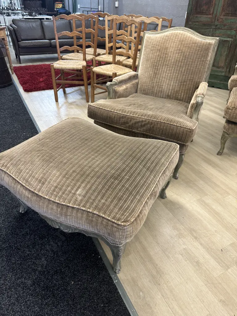 French Provincial Louis XV Style Bergere Lounge Chair With Ottoman, Green & Mocha Tones, Made In France Tones Image 1++
