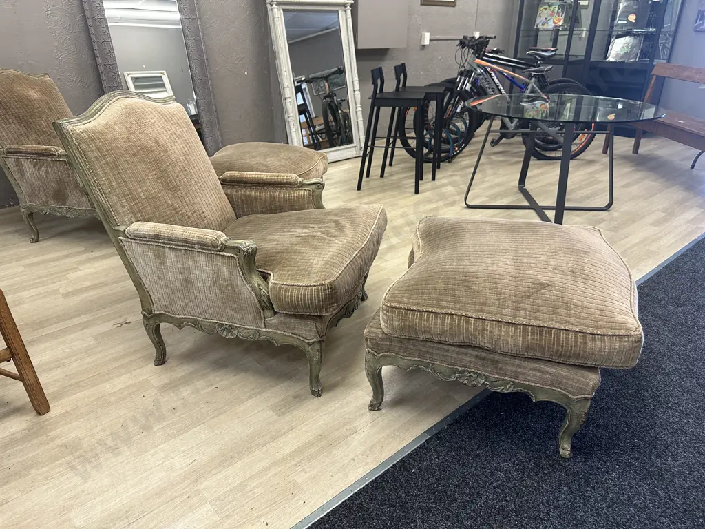 French Provincial Louis XV Style Bergere Lounge Chair With Ottoman, Green & Mocha Tones, Made In France Tones Image 1++