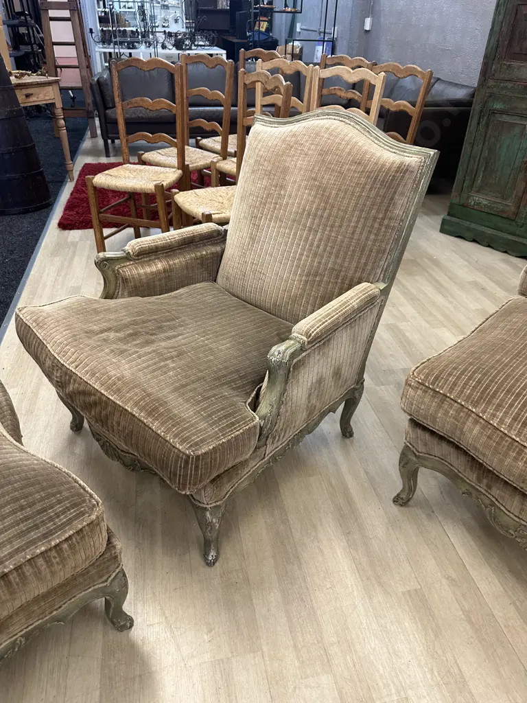 French Provincial Louis XV Style Bergere Lounge Chair With Ottoman, Green & Mocha Tones, Made In France Tones Image 1++