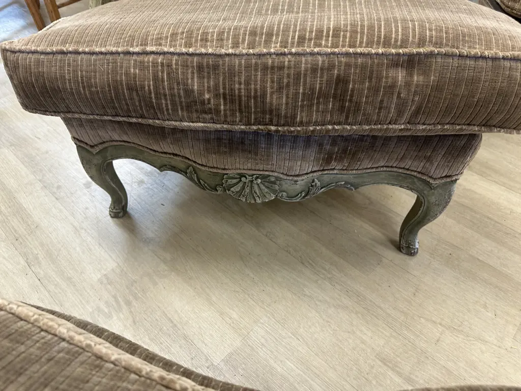 French Provincial Louis XV Style Bergere Lounge Chair With Ottoman, Green & Mocha Tones, Made In France Tones Image 1++