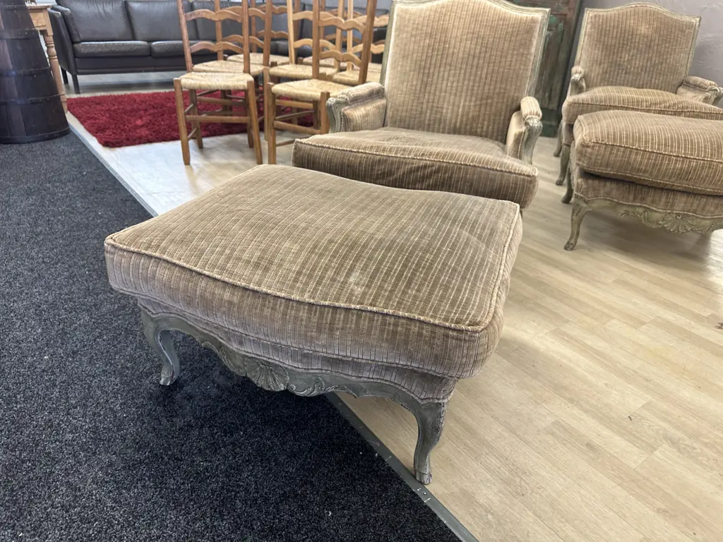 French Provincial Louis XV Style Bergere Lounge Chair With Ottoman, Green & Mocha Tones, Made In France Tones Image 1++