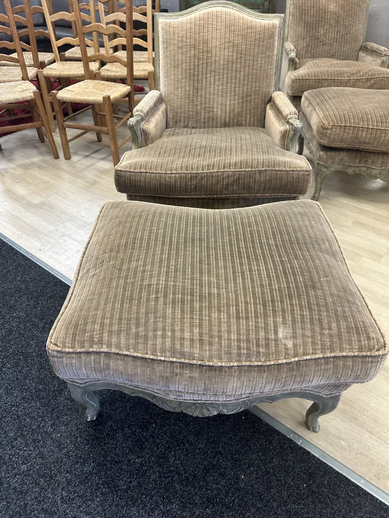 French Provincial Louis XV Style Bergere Lounge Chair With Ottoman, Green & Mocha Tones, Made In France Tones Image 1++