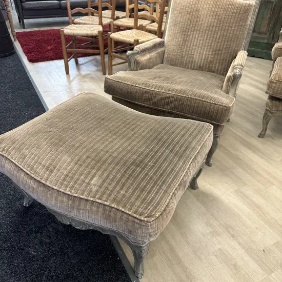 French Provincial Louis XV Style Bergere Lounge Chair With Ottoman, Green & Mocha Tones, Made In France Tones