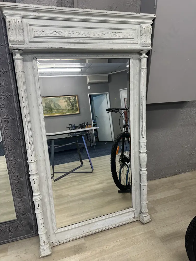 Antique French Wooden Painted Bevelled Edge Mirror. H158 W95 D13cm Image 1++