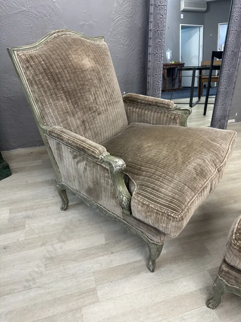 French Provincial Louis XV Style Bergere Lounge Chair With Ottoman, Green & Mocha Tones, Made In France Image 1++