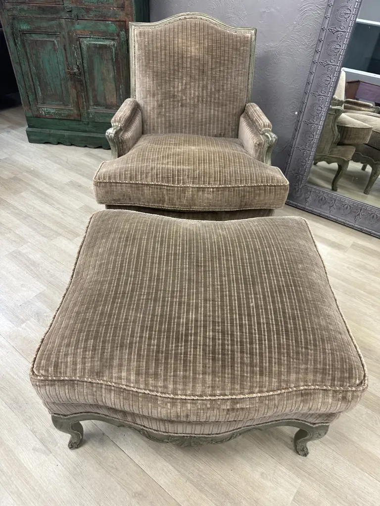 French Provincial Louis XV Style Bergere Lounge Chair With Ottoman, Green & Mocha Tones, Made In France Image 1++