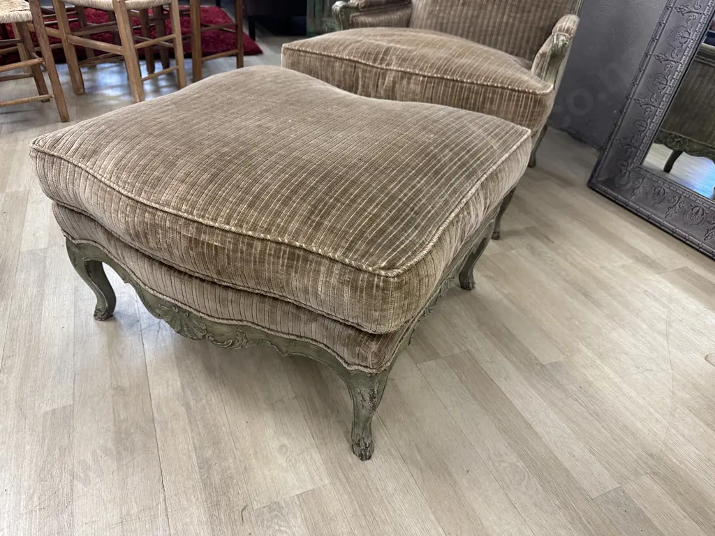 French Provincial Louis XV Style Bergere Lounge Chair With Ottoman, Green & Mocha Tones, Made In France Image 1++