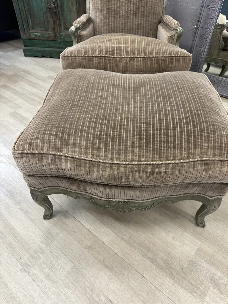 French Provincial Louis XV Style Bergere Lounge Chair With Ottoman, Green & Mocha Tones, Made In France Image 1++