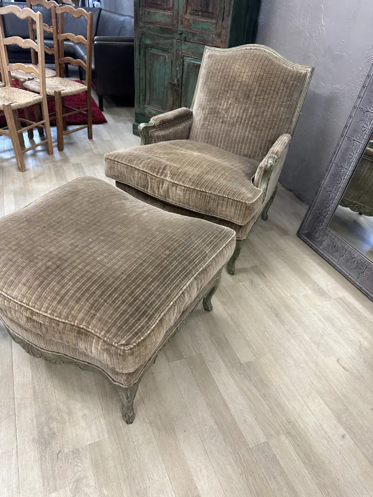 French Provincial Louis XV Style Bergere Lounge Chair With Ottoman, Green & Mocha Tones, Made In France Image 1++