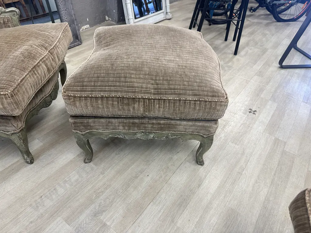 French Provincial Louis XV Style Bergere Lounge Chair With Ottoman, Green & Mocha Tones, Made In France Image 1++