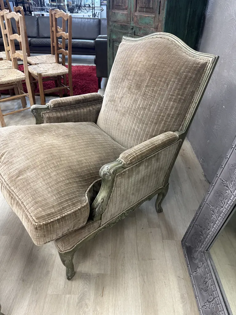 French Provincial Louis XV Style Bergere Lounge Chair With Ottoman, Green & Mocha Tones, Made In France Image 1++