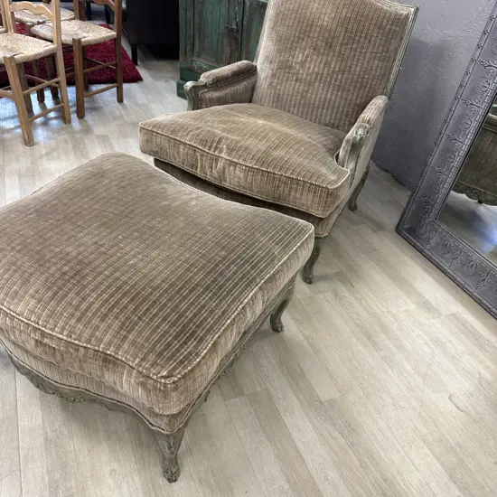 French Provincial Louis XV Style Bergere Lounge Chair With Ottoman, Green & Mocha Tones, Made In France