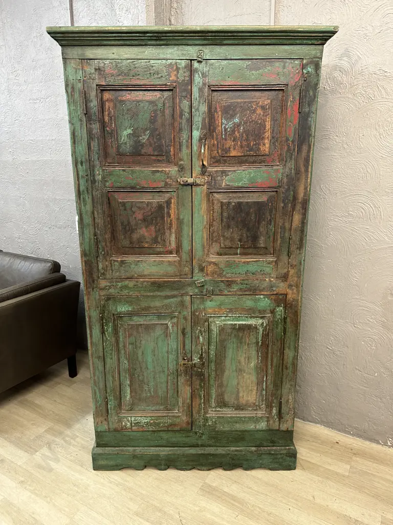 Antique Vintage Indian Almirah Cabinet With Green Distressed Finish. H180 W98 D42cm Image 1++