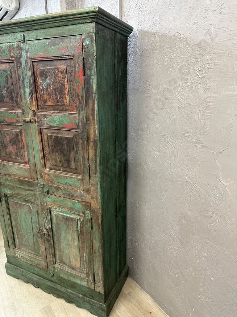 Antique Vintage Indian Almirah Cabinet With Green Distressed Finish. H180 W98 D42cm Image 1++