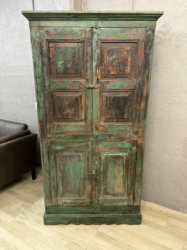 Antique Vintage Indian Almirah Cabinet With Green Distressed Finish. H180 W98 D42cm Image 1++