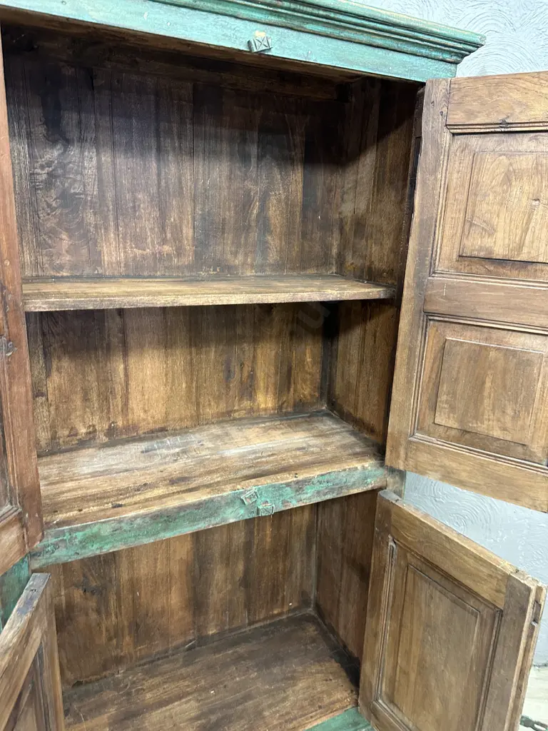 Antique Vintage Indian Almirah Cabinet With Green Distressed Finish. H180 W98 D42cm Image 1++
