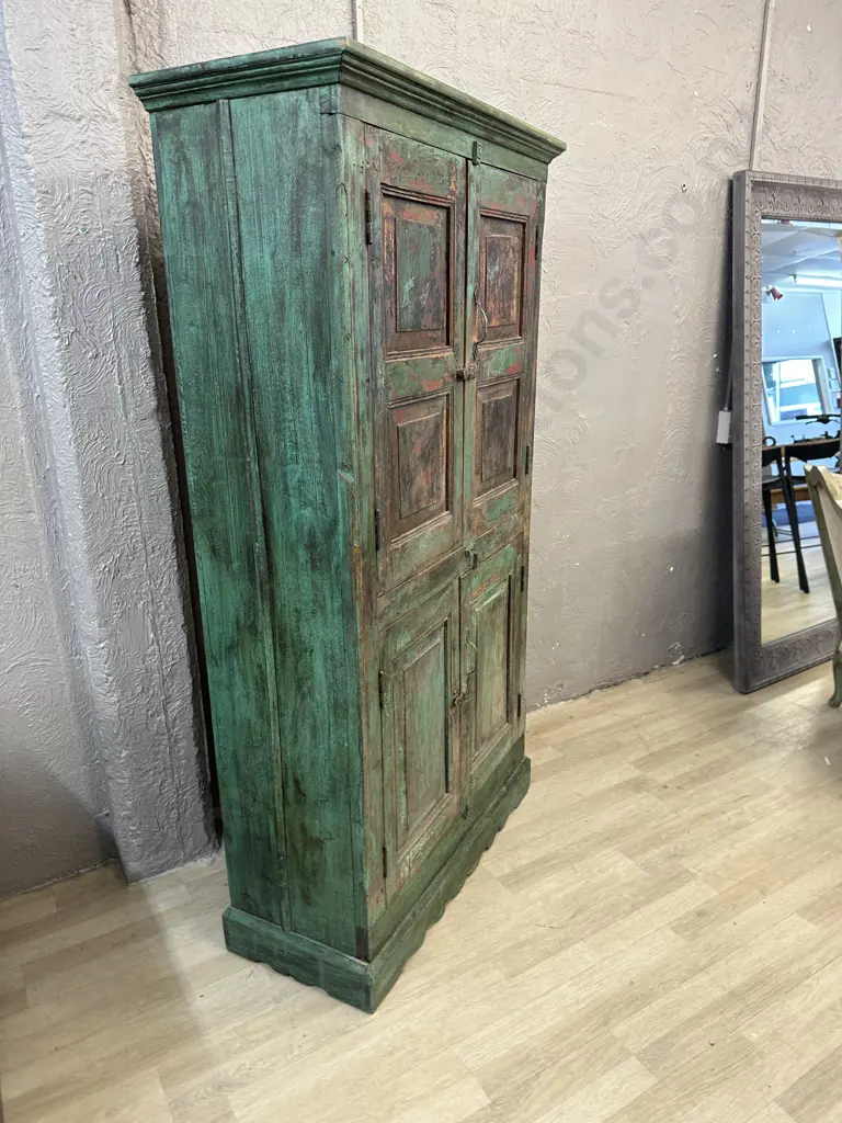 Antique Vintage Indian Almirah Cabinet With Green Distressed Finish. H180 W98 D42cm Image 1++