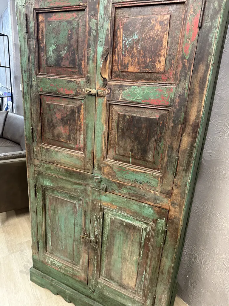 Antique Vintage Indian Almirah Cabinet With Green Distressed Finish. H180 W98 D42cm Image 1++