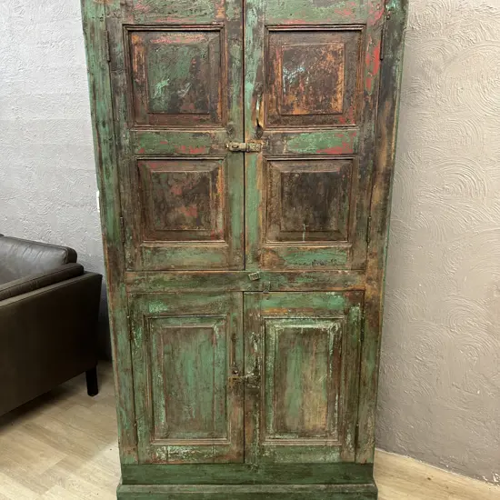 Antique Vintage Indian Almirah Cabinet With Green Distressed Finish. H180 W98 D42cm