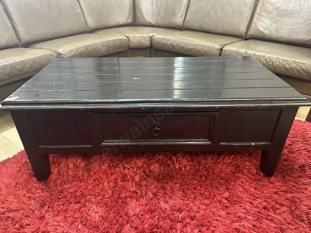 Black Painted Wooden Coffee Table, Single Drawer With Steel Ring Pull. H44 W120 D60cm Image 1++